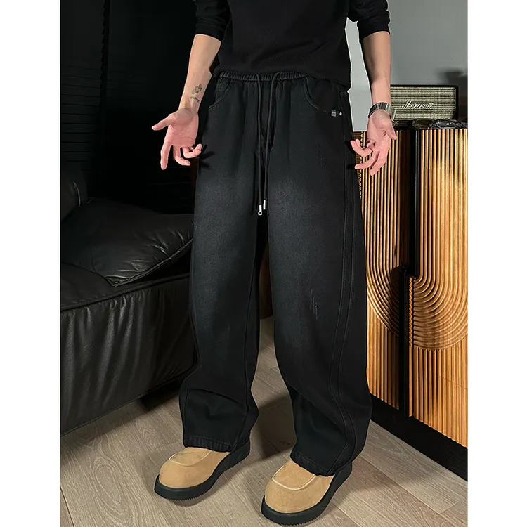 【冬季加绒】潮流风宽松加绒系绳长裤冬季个性休闲男士直筒休闲裤