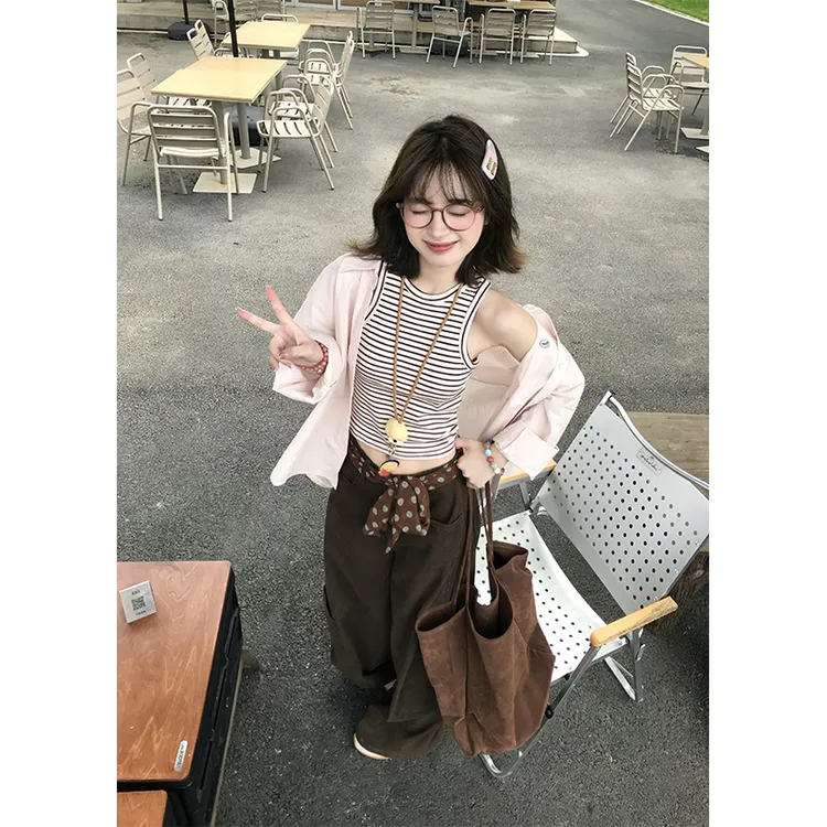 韩系减龄衣服圆领无袖条纹背心翻领排扣衬衫直筒复古感工装裤套装