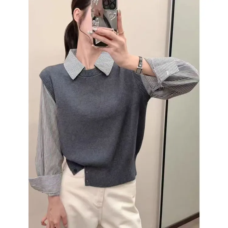 秋冬季针织拼接假两件毛衣女2025新款小个子慵懒高级感针织衫上衣