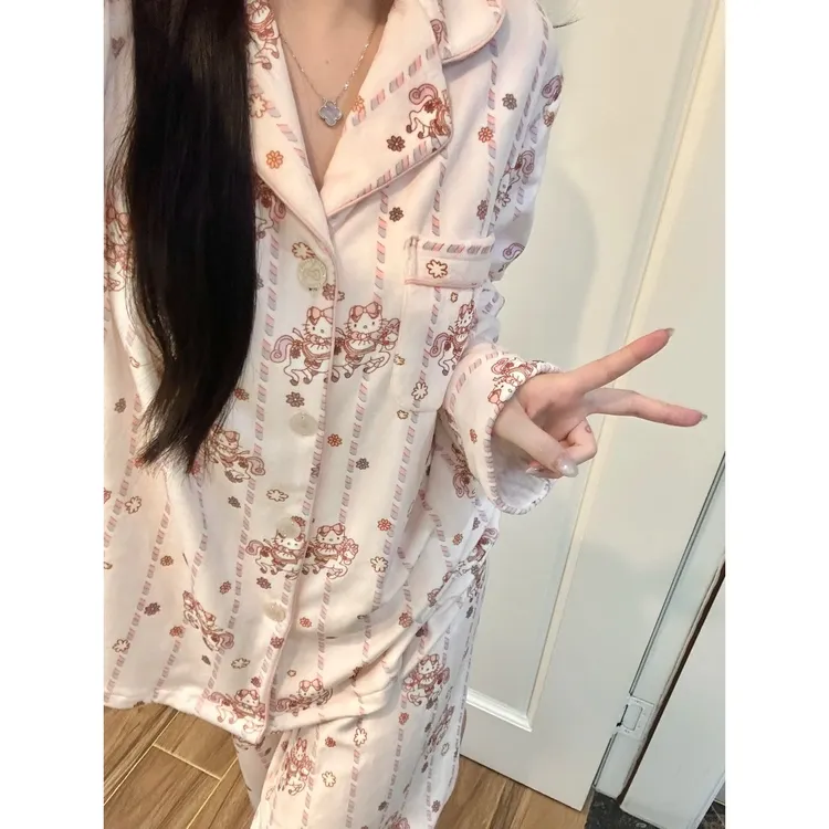 韩系甜美少女风木马kitty德绒睡衣女2025秋冬新款家居服套装外穿