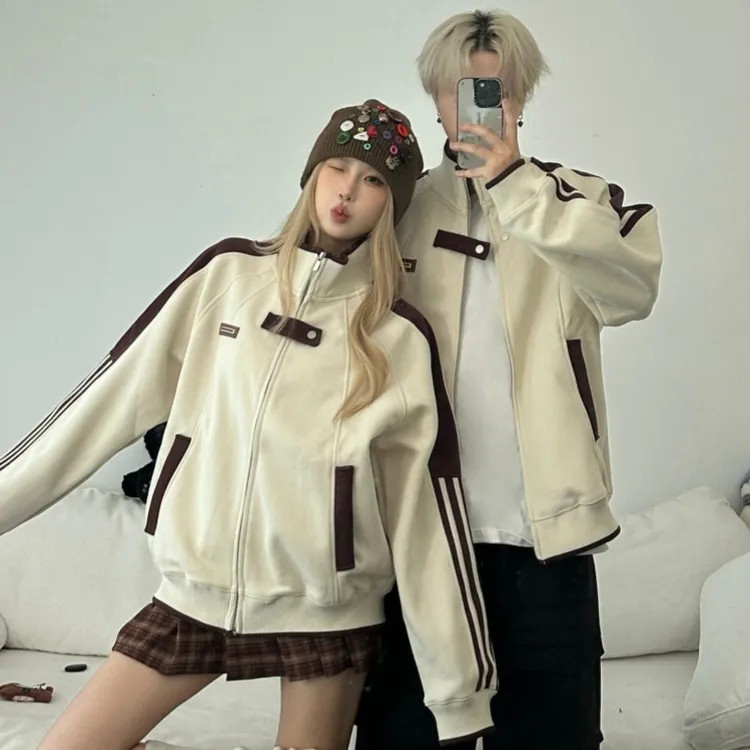 情侣中性风立领夹克外套oversize秋季学院风撞色百搭