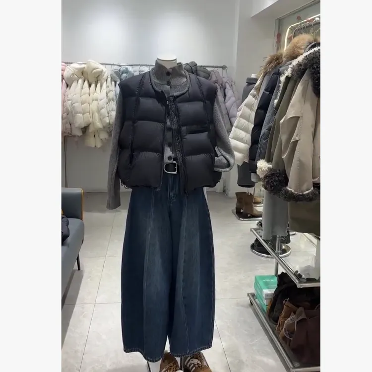 2025秋冬季巨好看韩版棉服马甲外套高领针织毛衣高腰阔腿裤三件套