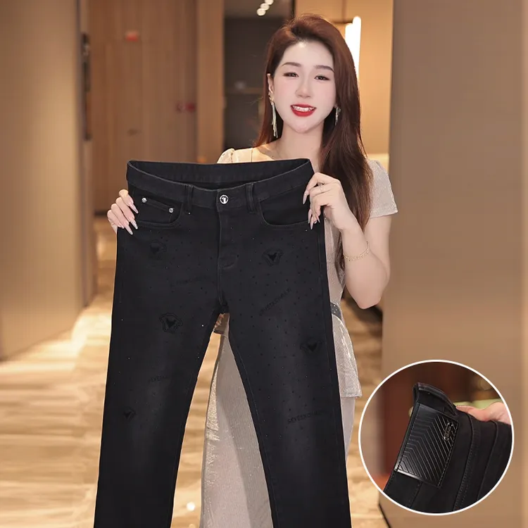 秋冬新款男士烫钻牛仔裤经典黑色时尚百搭修身弹力加厚小脚裤显瘦