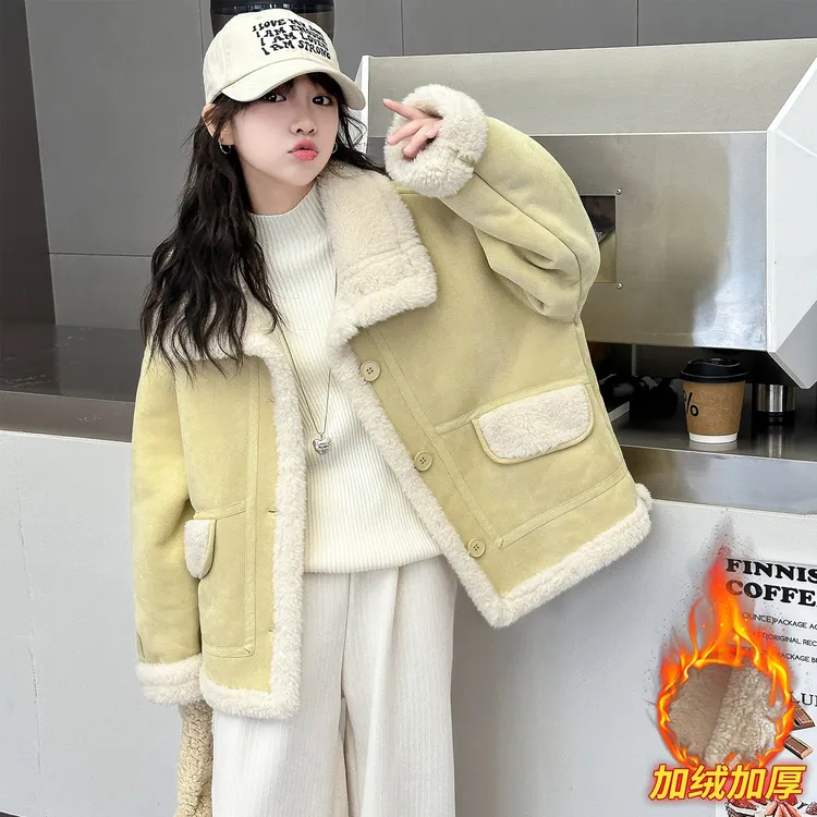 女童加绒外套秋冬款2025新款儿童洋气加厚皮毛一体冬季中大童上衣