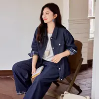 【仿牛仔套装】MsShe大码女装2025秋格纹拼接外套阔腿长裤Q2509031