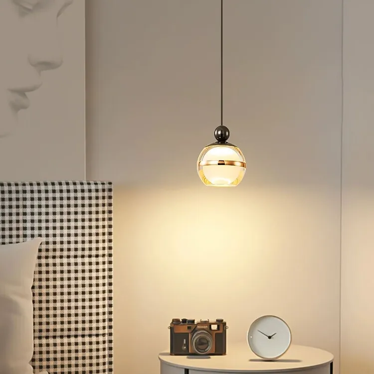 雩嘉北欧卧室琥珀单头圆球床头小吊灯高端轻奢现代简约长线吊灯