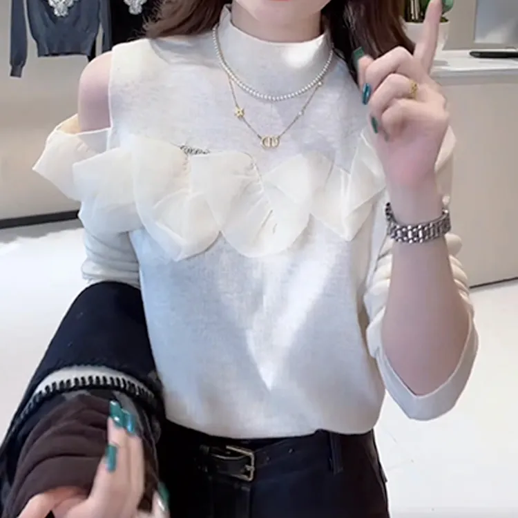 2025秋季新款设计感荷叶边针织衫女士韩系纯色时尚气质百搭打底衫