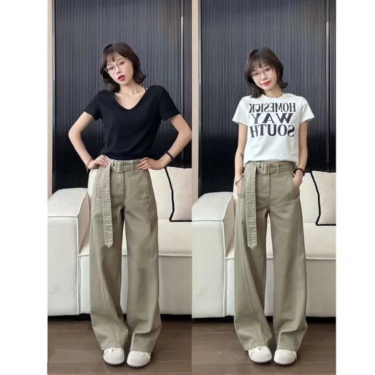 送腰带25新款设计感复古高腰阔腿裤女显瘦宽松休闲垂感牛仔拖地裤