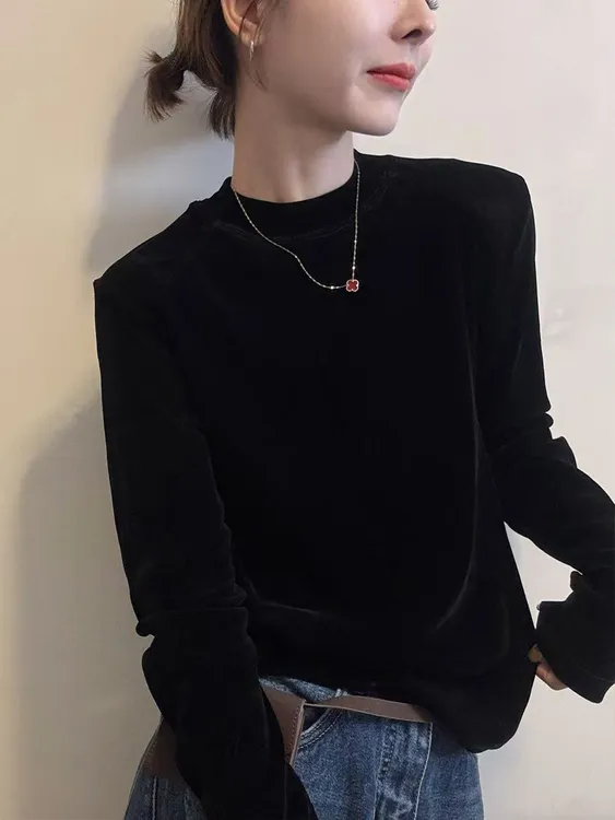 欧货高品质立领丝绒长袖T恤女早秋新款气质基础打底衫高级感上衣