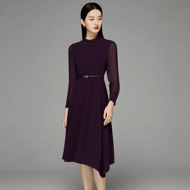 娜尔思.灵【三醋酸】时尚气质连衣裙修身拼接女士中长裙LF05995R5