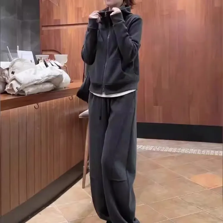 慵懒风休闲运动套装女秋冬2025新款加绒加厚卫衣外套阔腿裤两件套