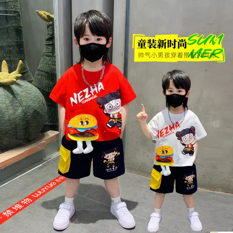 哪吒衣服男童夏季套装新款儿童卡通短袖宝宝男孩帅气休闲童装服装