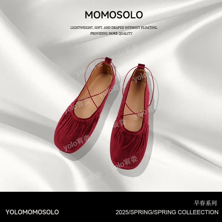 2025新复古百搭交叉带绒面软皮平底玛丽珍单鞋女浅口方头 YM1236