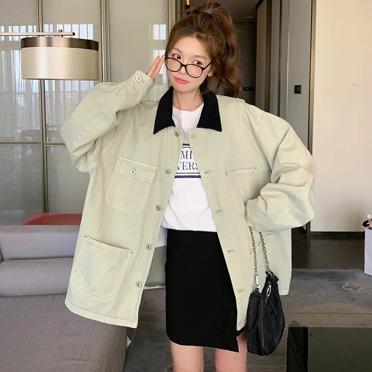 设计感牛仔外套女春季新款美式慵懒风灯芯绒拼接撞色工装夹克上衣