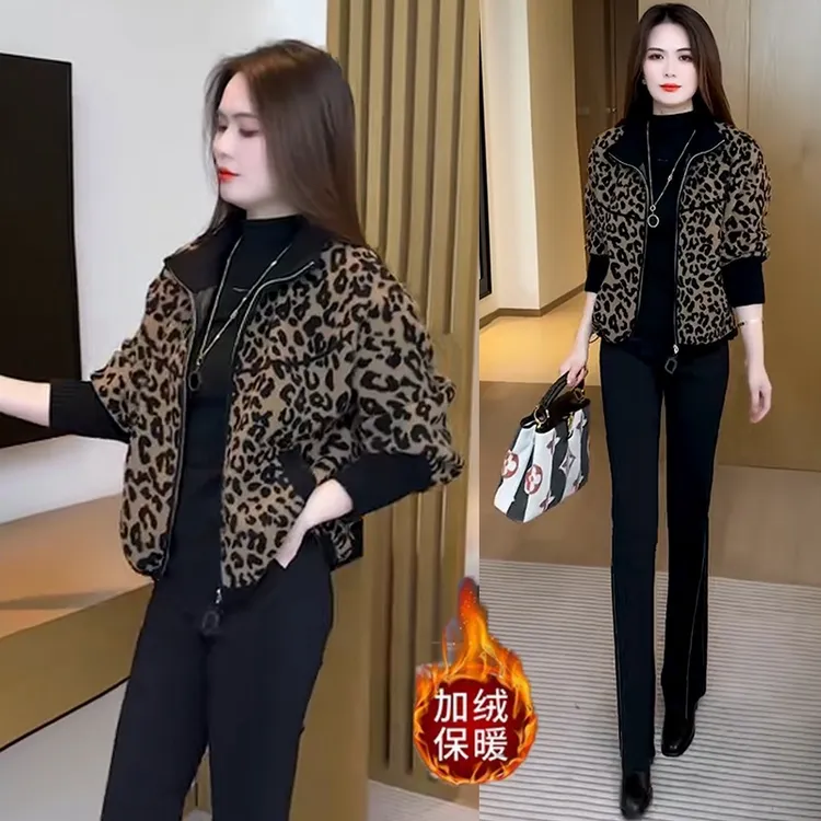 加绒加厚豹纹短外套女2025冬季新款时尚洋气减龄小个子双面绒上衣