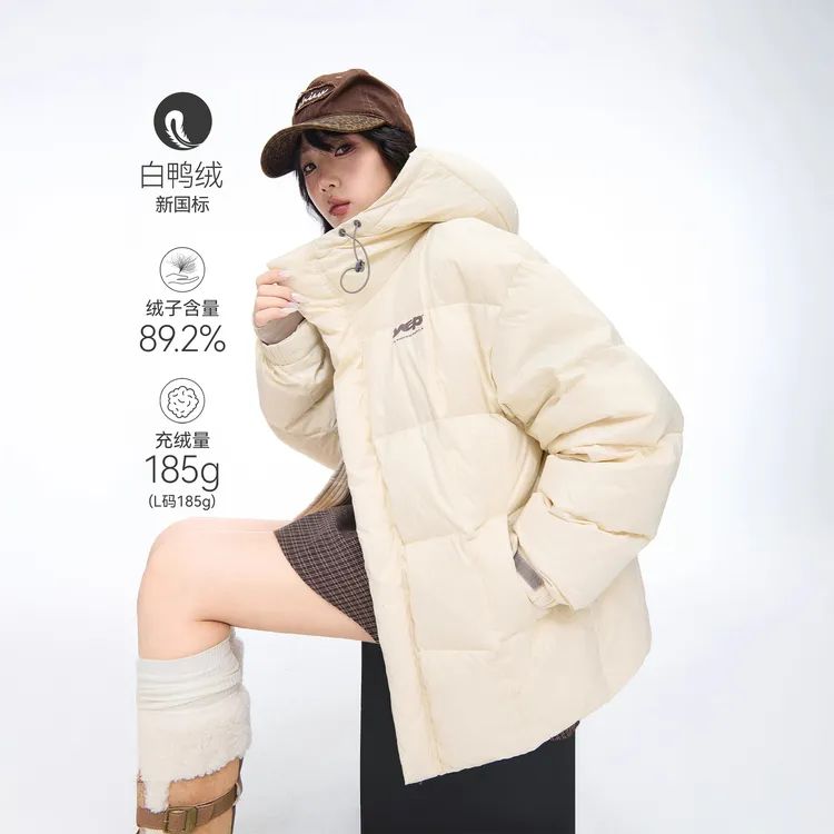 美式复古冬季新款印花连帽羽绒服女90白鸭绒面包服保暖情侣款外套