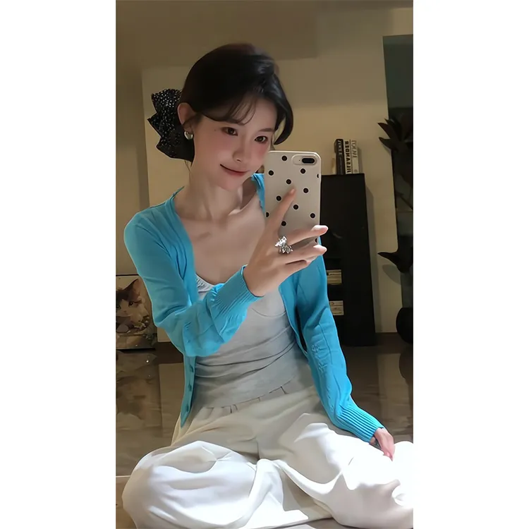 2025新款女士夏季韩系休闲短款百搭长袖针织开衫高腰宽松阔腿裤