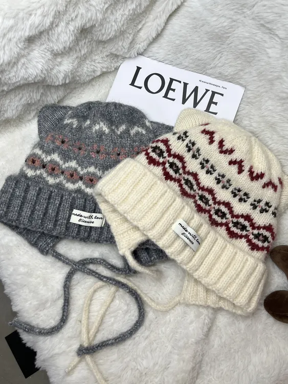 复古提花猫耳朵毛线帽女冬季费尔岛风大头围帽子保暖护耳针织冷帽