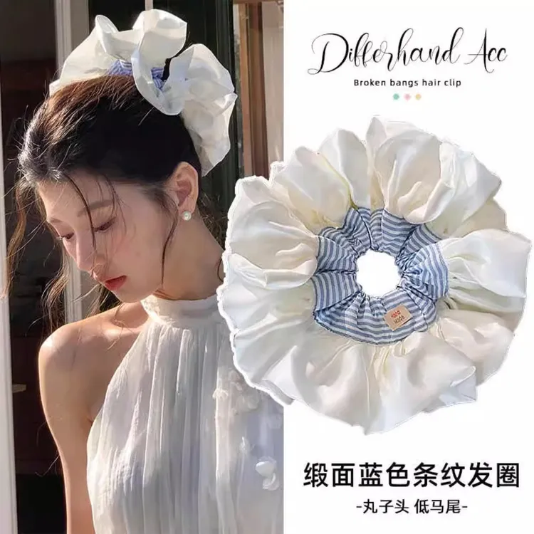 超大奶油缎面花边大肠发圈女芭蕾风蓝条纹氛围感发绳头花头绳发饰