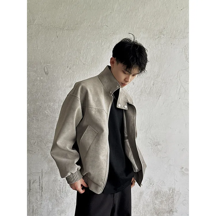 扎染立领皮衣外套男秋季潮牌美式复古短款夹克cleanfit工装棒球服