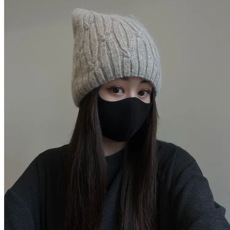 原版质感很好-兔绒绵羊毛超减龄毛线帽冬季双层保暖显脸小帽子女