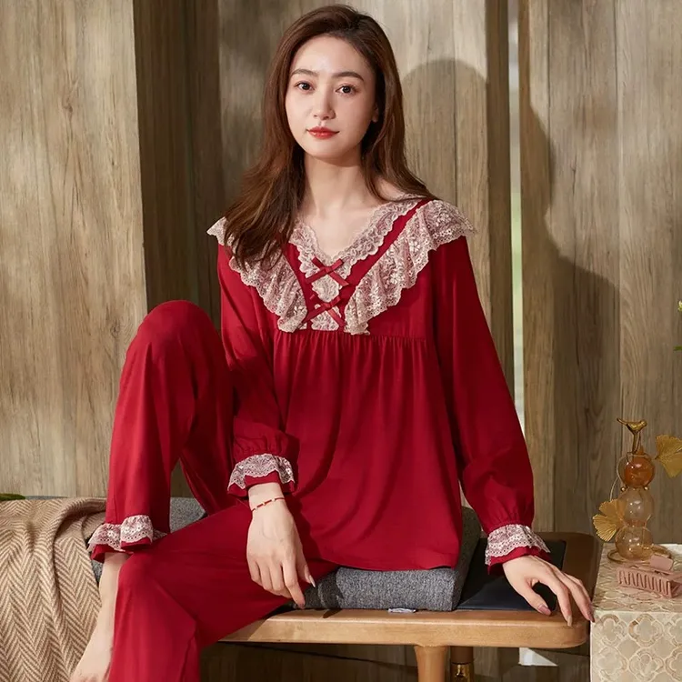 睡衣女春秋季纯棉长袖枣红色喜庆本命年结婚新娘可外穿家居服套装