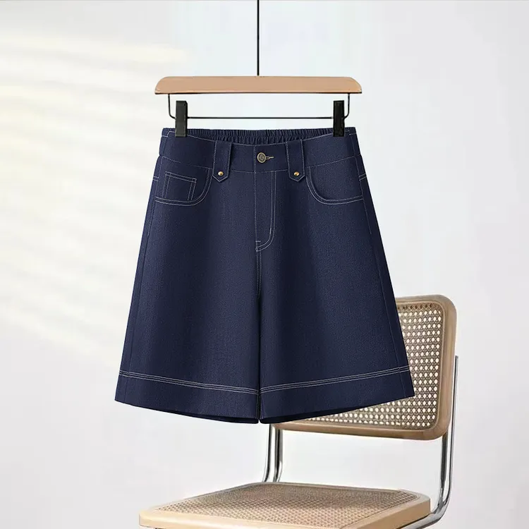 夏季薄款五分冰丝牛仔短裤女直筒A字松紧腰宽松显瘦高腰阔腿裤潮