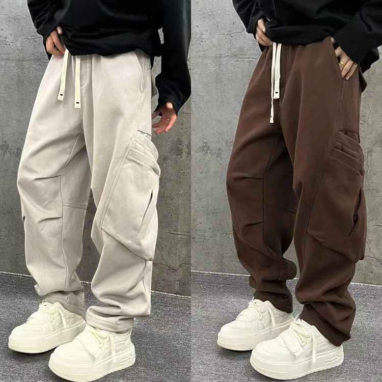 欧货高品质男士秋冬时尚多口袋加绒休闲裤轻奢时尚拼接运动直筒裤