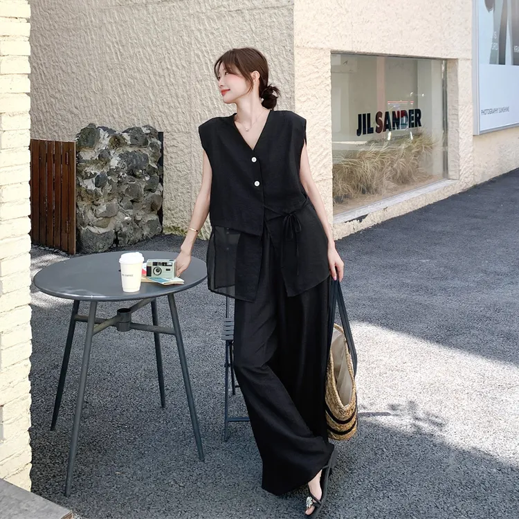 法式轻熟风无袖套装裤2025夏季新款时尚显瘦韩版无袖上衣阔腿裙裤