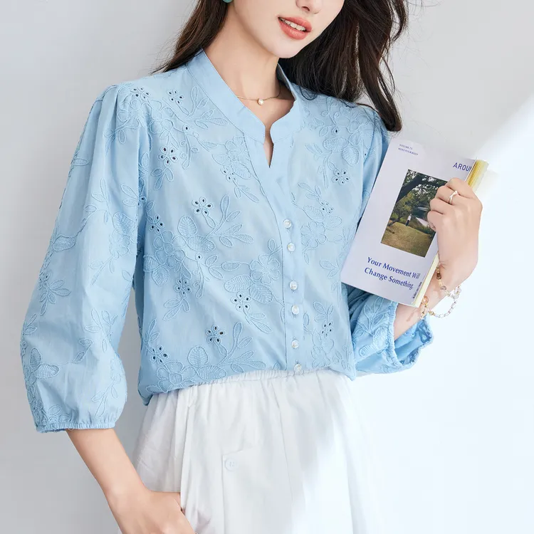纯棉衬衣七分袖女绣花镂空夏季新款气质洋气宽松遮肉女士纯色衬衫