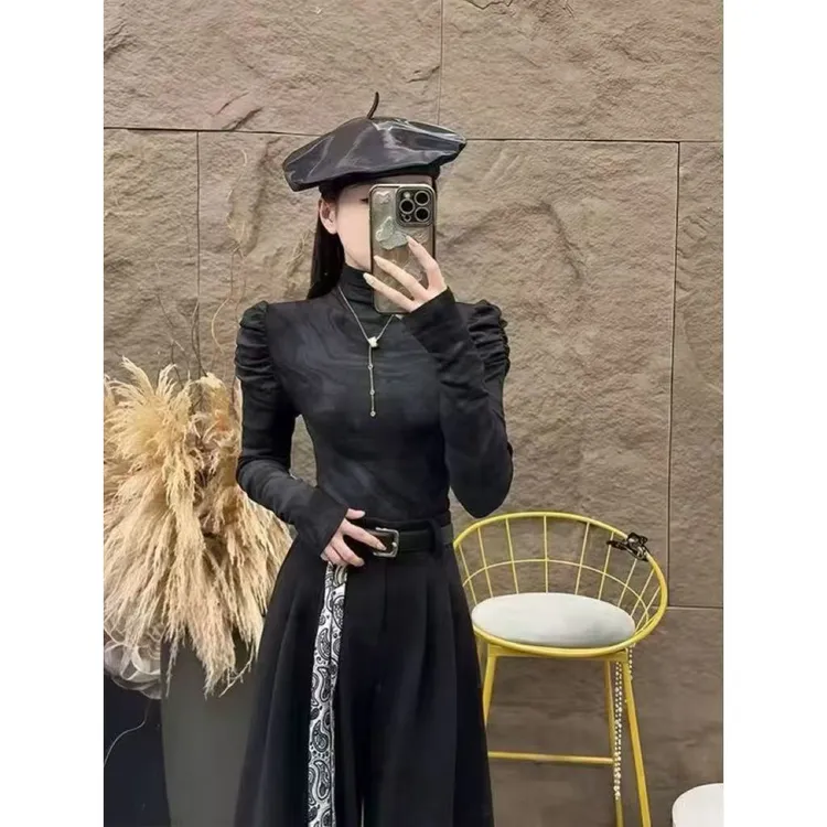 2025秋冬新款法式扎染半高领泡泡袖打底衫T恤修身显瘦内搭上衣女