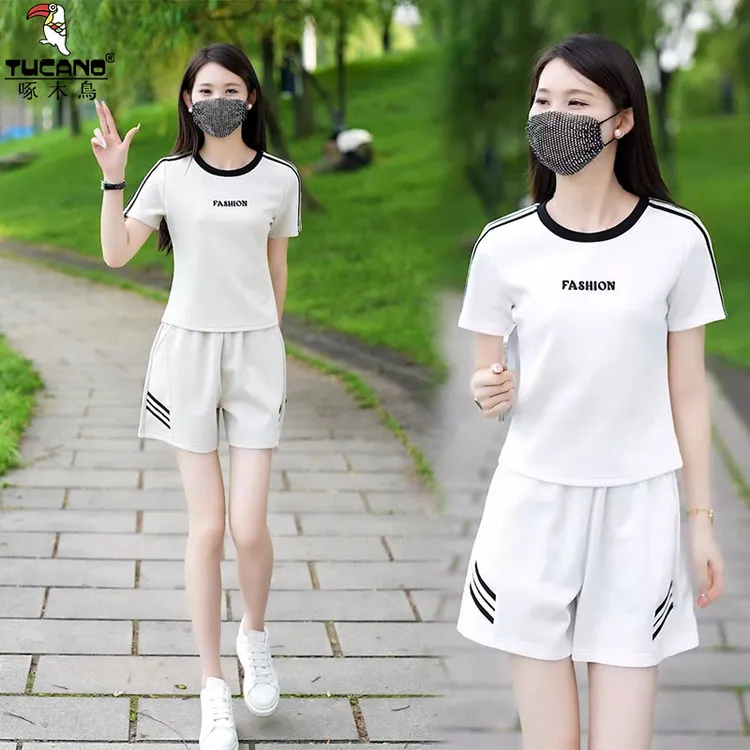 啄木鸟纯棉爆款运动短裤套装夏显瘦时尚减龄小个子休闲两件套洋气