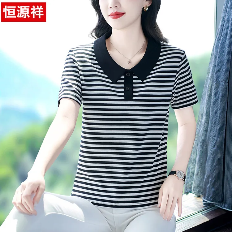 恒源祥彩羊短袖t恤女士娃娃领polo衫2025夏季新款女宽松条纹上衣