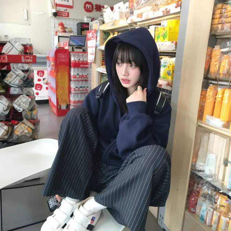 藏蓝色连帽卫衣女2025新款早秋宽松拉链开衫冬季加绒加厚外套上衣