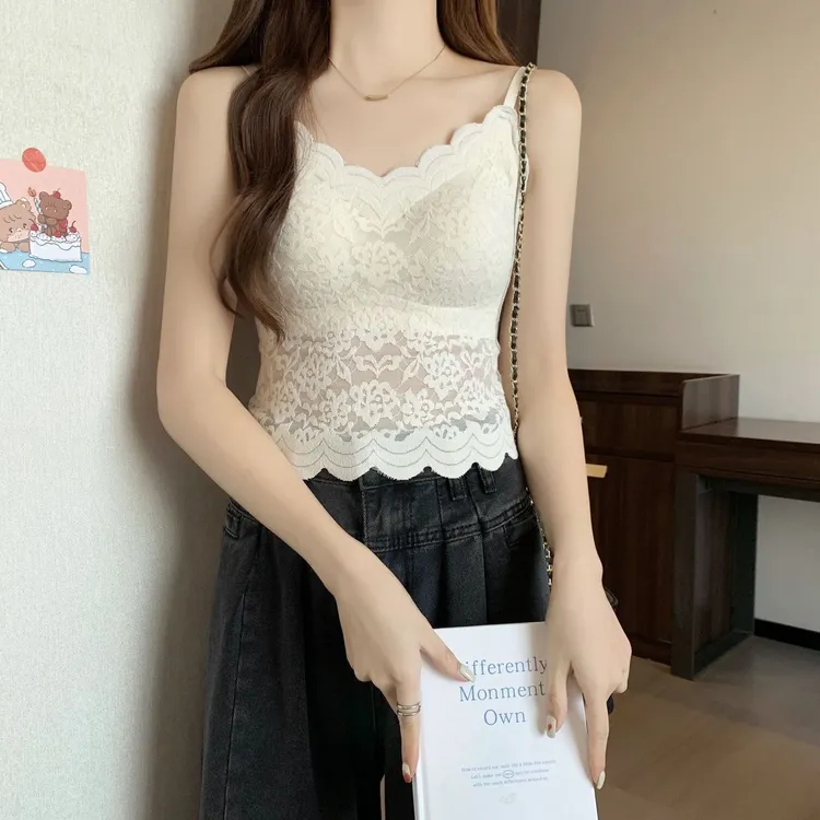 纯欲甜美蕾丝白色吊带背心女生胸垫一体内搭外穿美背无痕修身上衣