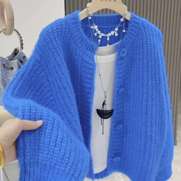 加厚糖果色小香风圆领秋冬开衫款宽松毛针织衫加厚短款外套