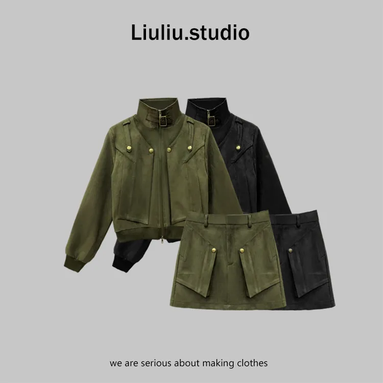 LiuLiu定制【飒野工装】酷飒工装风夹克外套＋复古大口袋半身裙套装