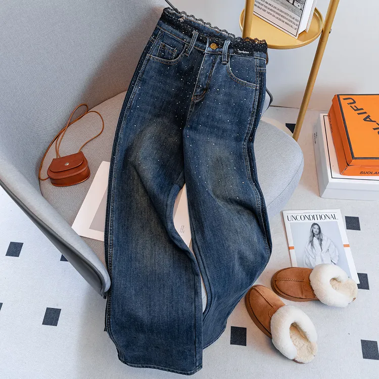 989烫钻窄版阔腿牛仔裤女早春秋新款高腰设计感闪钻加长直筒裤子