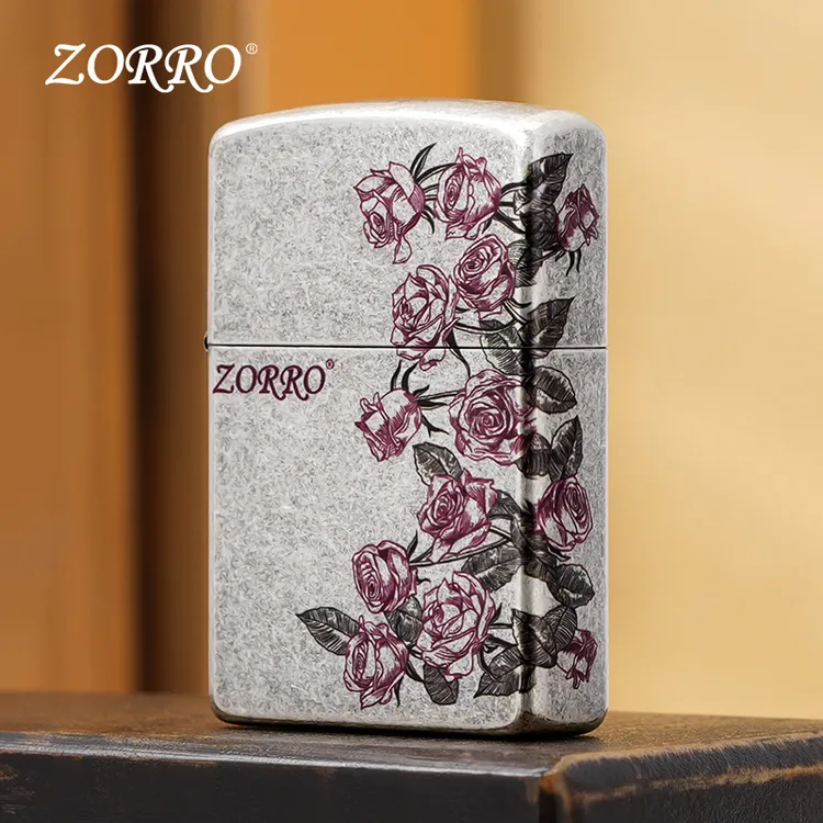 ZORRO佐罗古银热恋玫瑰防风煤油打火机送男友生日节日情人节礼物