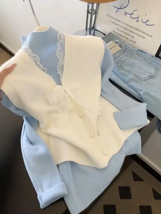 小香风蕾丝蝴蝶结背心女秋冬叠穿内搭长袖打底上衣针织马甲两件套