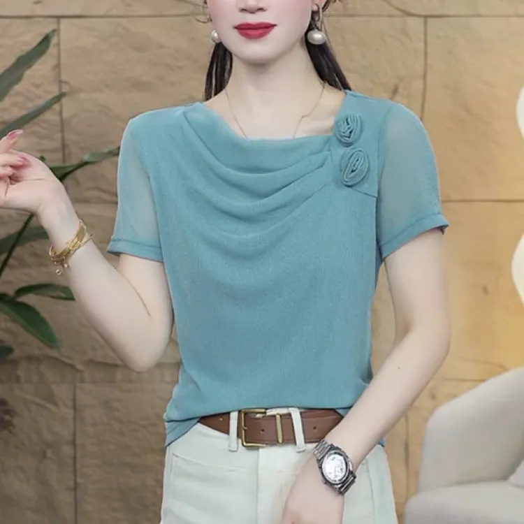 2025年夏季新款时尚百搭纯色网纱肩花修身短袖上衣#6999