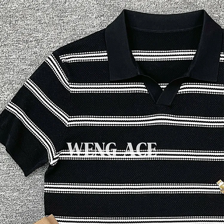 WENGACE夏季莱塞尔条纹气质意式海鸥领针织男士短袖轻奢痞帅男装
