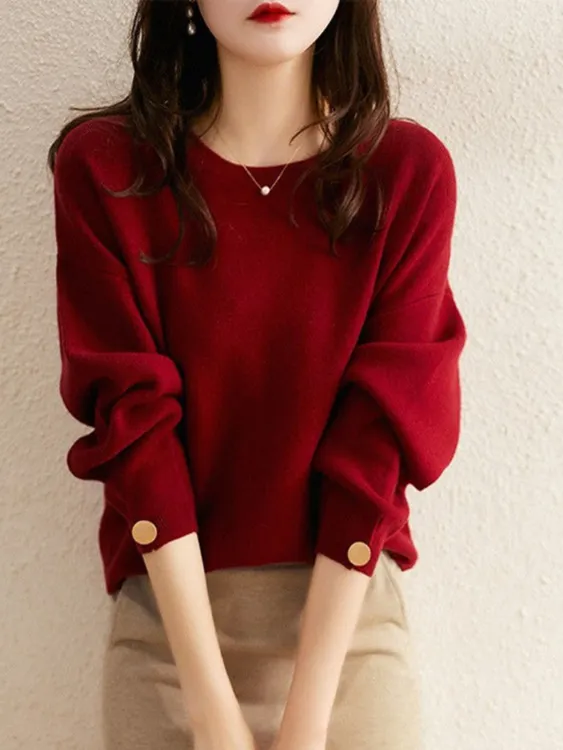 本命年红色毛衣女圆领秋冬爆款羊毛高级极简风长袖上衣针织打底衫