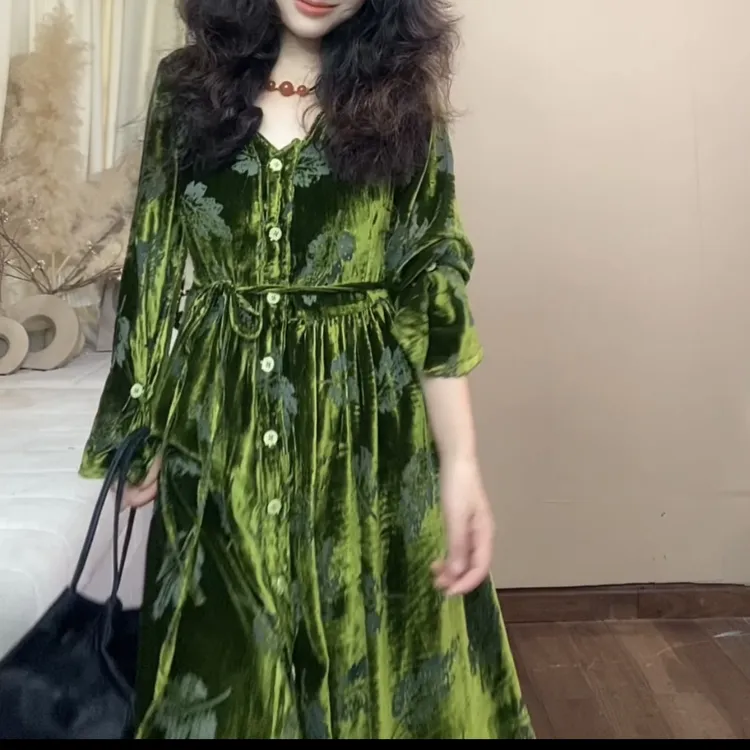 柚兮原创设计～国风新中式人丝丝绒烧花重工显白小个子显瘦裙子