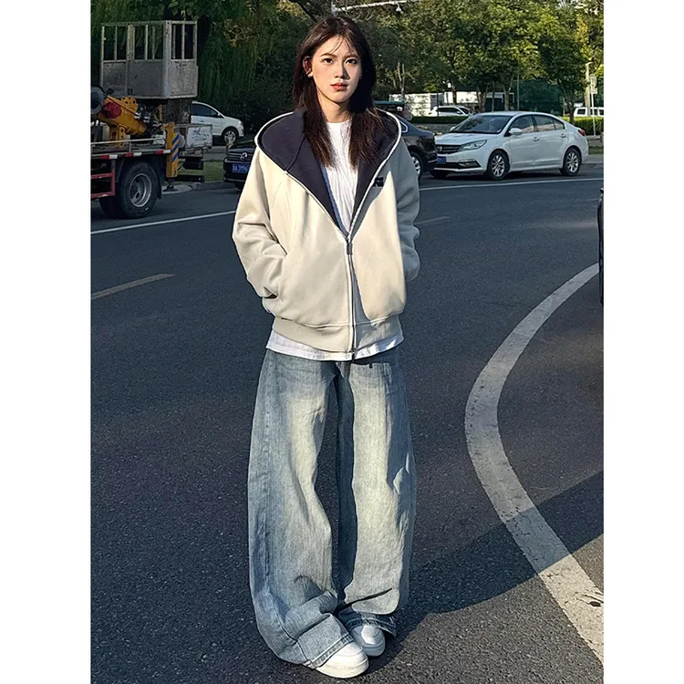 美式撞色开衫卫衣男女短款秋季cleanfit连帽衫高级感重磅硬挺外套