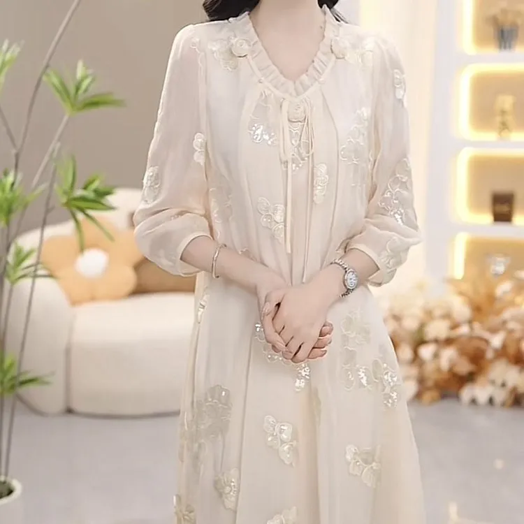 高档轻羽丝连衣裙2025春季新款时尚优雅修身显瘦减龄妈妈礼服裙子