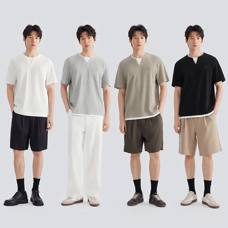 GXG男装 假两件V领肌理短袖套头T恤男宽松26夏新品#G26D442134