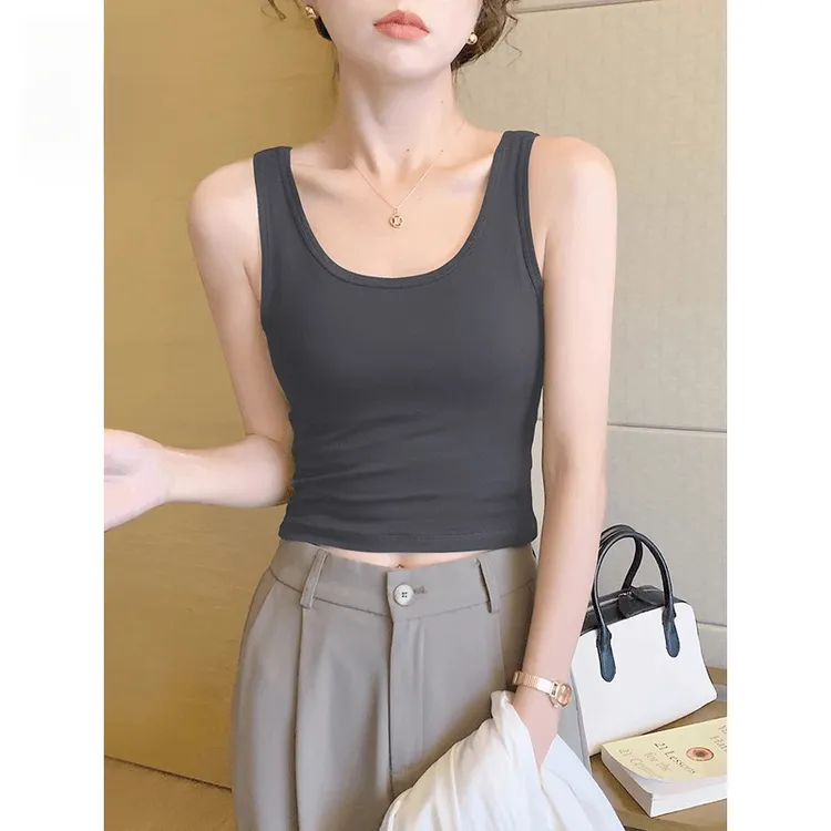 猫人灰色u领短款小吊带背心内搭女夏季衬衫打底棉质不带垫可外穿