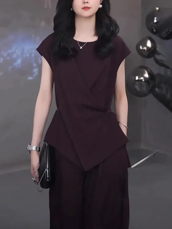 大码夏时尚洋气套装女2025新款胖mm高级感仿醋酸休闲阔腿裤两件套