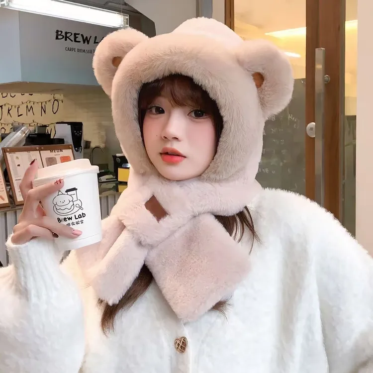 【加厚保暖】秋冬女士小熊毛绒帽子两件套一体可爱风加厚防寒保暖